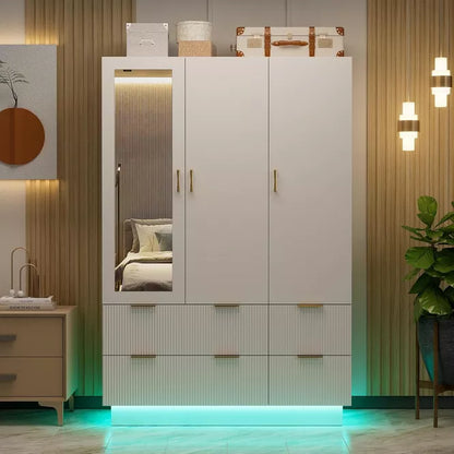 PAKASEPT 47"Wide White Armoire Wardrobe Closet with 3 Door, Mirror, LED Lights, Hanging Rod and 6 Drawers
