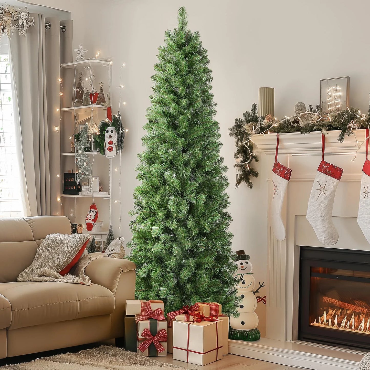 RTB-SHareconn 6.5ft Prelit Artificial Slim Pencil Christmas Tree w/ Warm White Lights, Full Branch Tips, Perfect Choice Decoration for Xmas Holiday