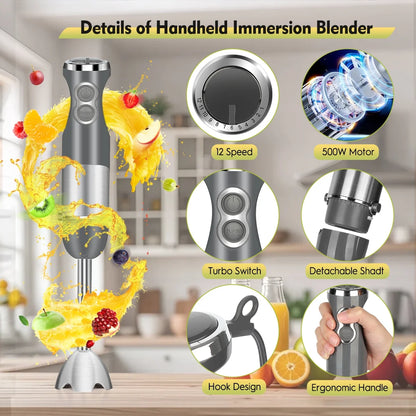 Immersion Blender Handheld, AOKIWO 3-in-1 Hand Blender 12 Speed Turbo Mode Stick Blender, Kitchen Stainless Steel Hand Blender with Chopper, Milk Frother, Whisk for Baby Food, Soup