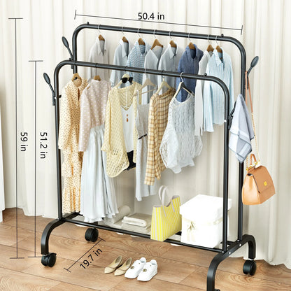 Clothes Rack for Hanging Clothes, Double Rods Clothes Rack with Wheels, Multi-functional Clothing Rack for Bedroom, 4 Hooks