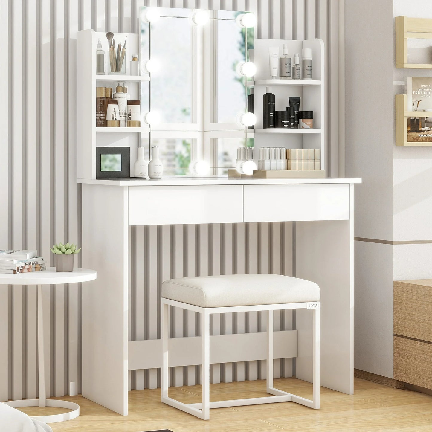 UHOMEPRO Vanity Desk with Lighted Mirror, Vanity Table Makeup Desk with 2 Drawers and 6 Storage Shelves, Bedroom Large Vanity for Girls Women, White