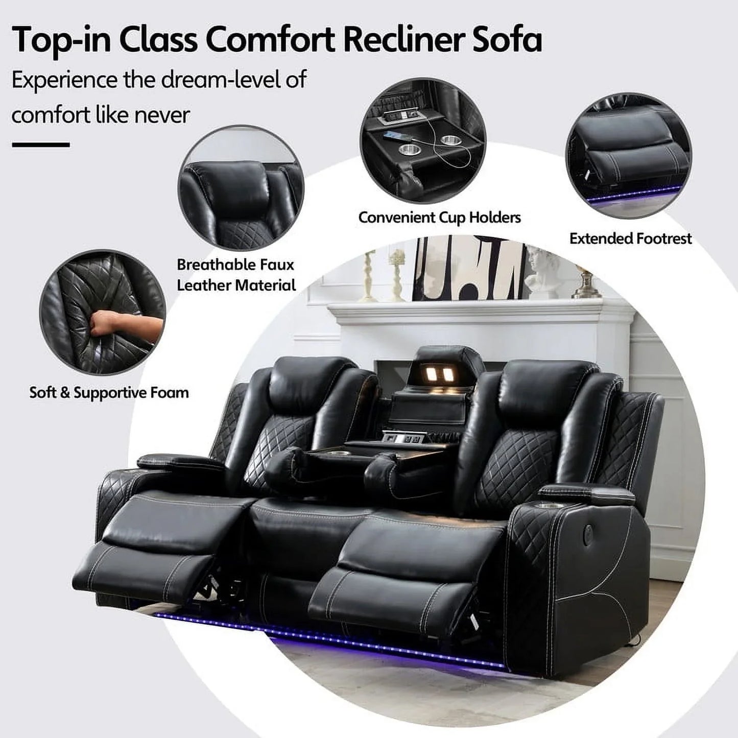 3-Seat Power Recliner Chair Sofa Set for Living Room,Black Faux Leather Electric Home Theater Seating Reclining Sofa Couch with Flipped Middle Backrest,LED Light,USB Port,Cup Holder,Hidden Arm Storage