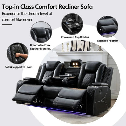 3-Seat Power Recliner Chair Sofa Set for Living Room,Black Faux Leather Electric Home Theater Seating Reclining Sofa Couch with Flipped Middle Backrest,LED Light,USB Port,Cup Holder,Hidden Arm Storage
