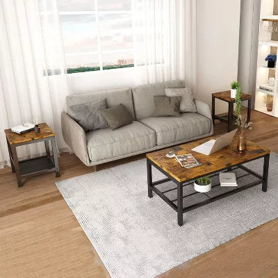 Hooseng 3 Pieces Living Room Coffee Table Set, Industrial Coffee Table with 2 Square End Side Tables for Apartment, Office, Rustic Brown