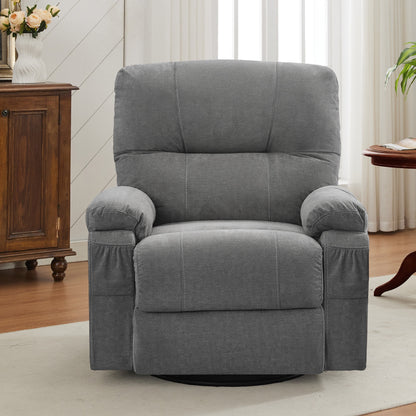 PAPROOS Swivel Rocking Recliner Chair, Linen Fabric Rocking Chair with Cup Holders and Side Pocket, 360 Degree Rotating Swing Recliner Sofa, Gray