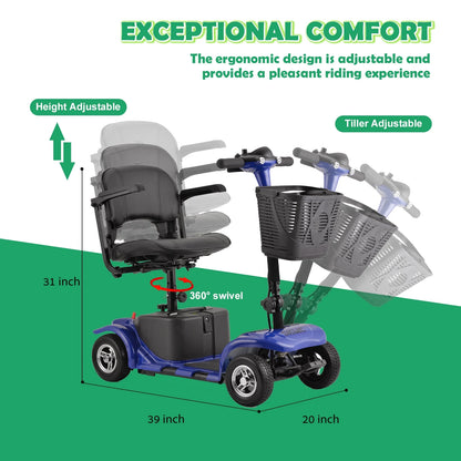 QEASET Mobility Scooter,4 Wheel Mobility Scooter for Adults,Senior, Electric Powered Chargeable Device for Travel,Blue