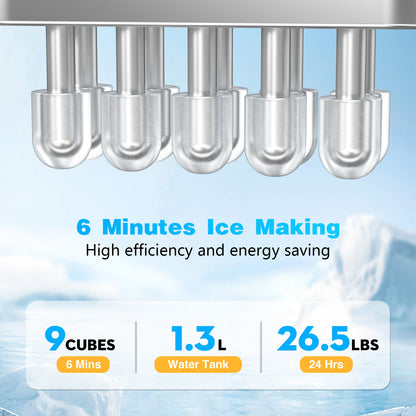 Ice Maker, Portable Countertop Ice Machine with 2 Sizes of Bullet Ice, Self-Cleaning, 9 Cubes Ready in 6 Mins, with Ice Scoop and Basket,for Home, Kitchen