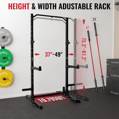 Mikolo Power Rack with Pull-Up Bar, Multi-Functional Half Squat Rack with Land Mine,Adjustable Width, Suitable for 6/ 7FT Barbell for Home Gym