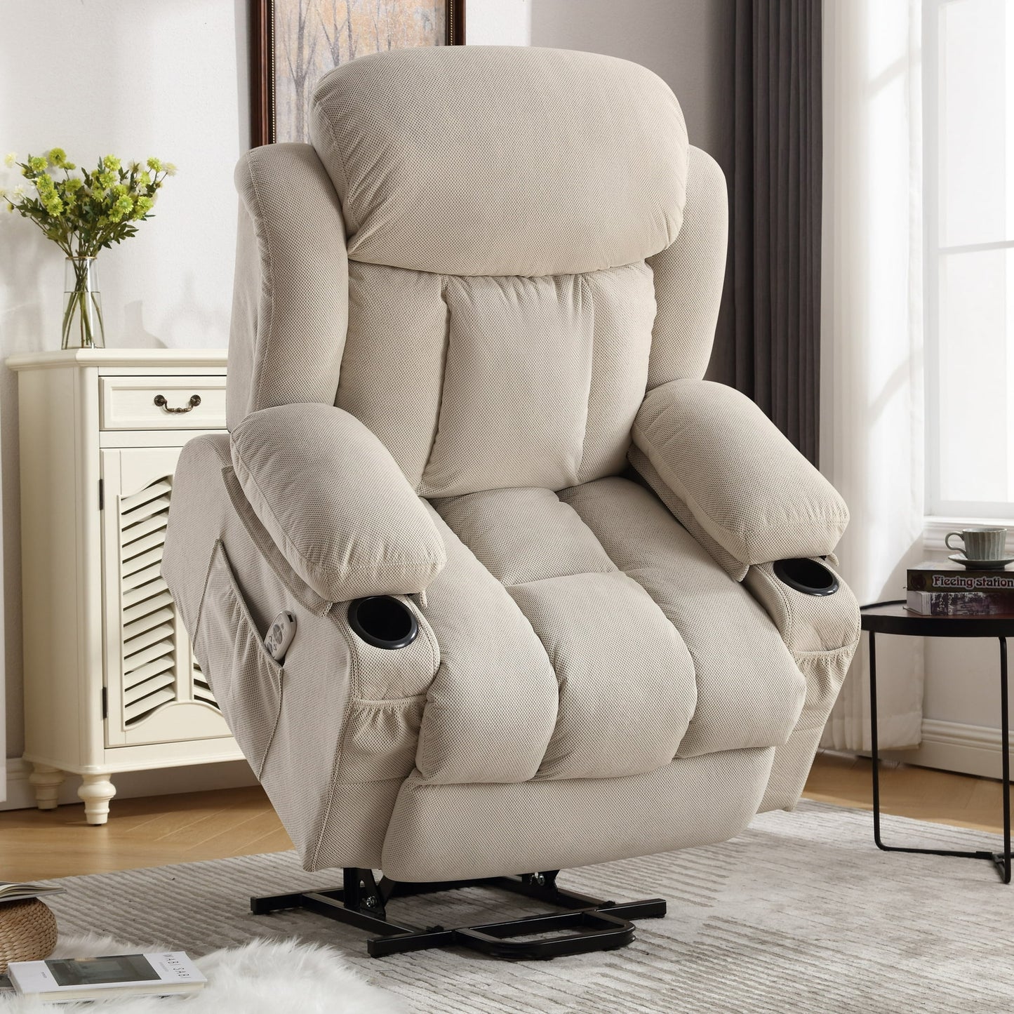 Segmart Power Lift Recliner Chair with Heat and Massage, Ergonomic Rocking Lounge Chair for Living Room, Comfy Overstuffed Recliner with Side Pockets, 2 Cup Holders, USB Charge Port, Beige