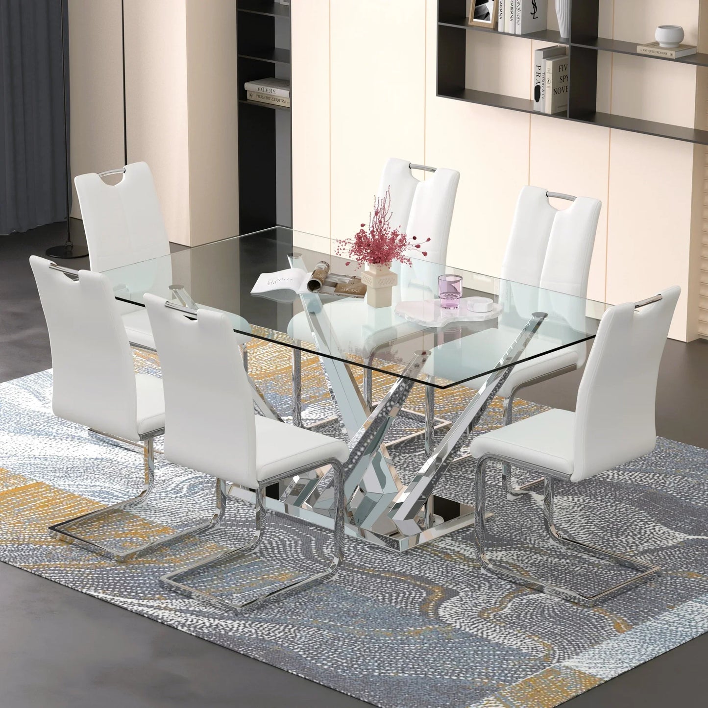 63" rectangele Glass Dining Table Sets for 6,Modern Dining Table with Silver base and 6 Silver Leg PU Chairs Room Set for Kitchen Dining Room,Living room,Glass table and White Chairs