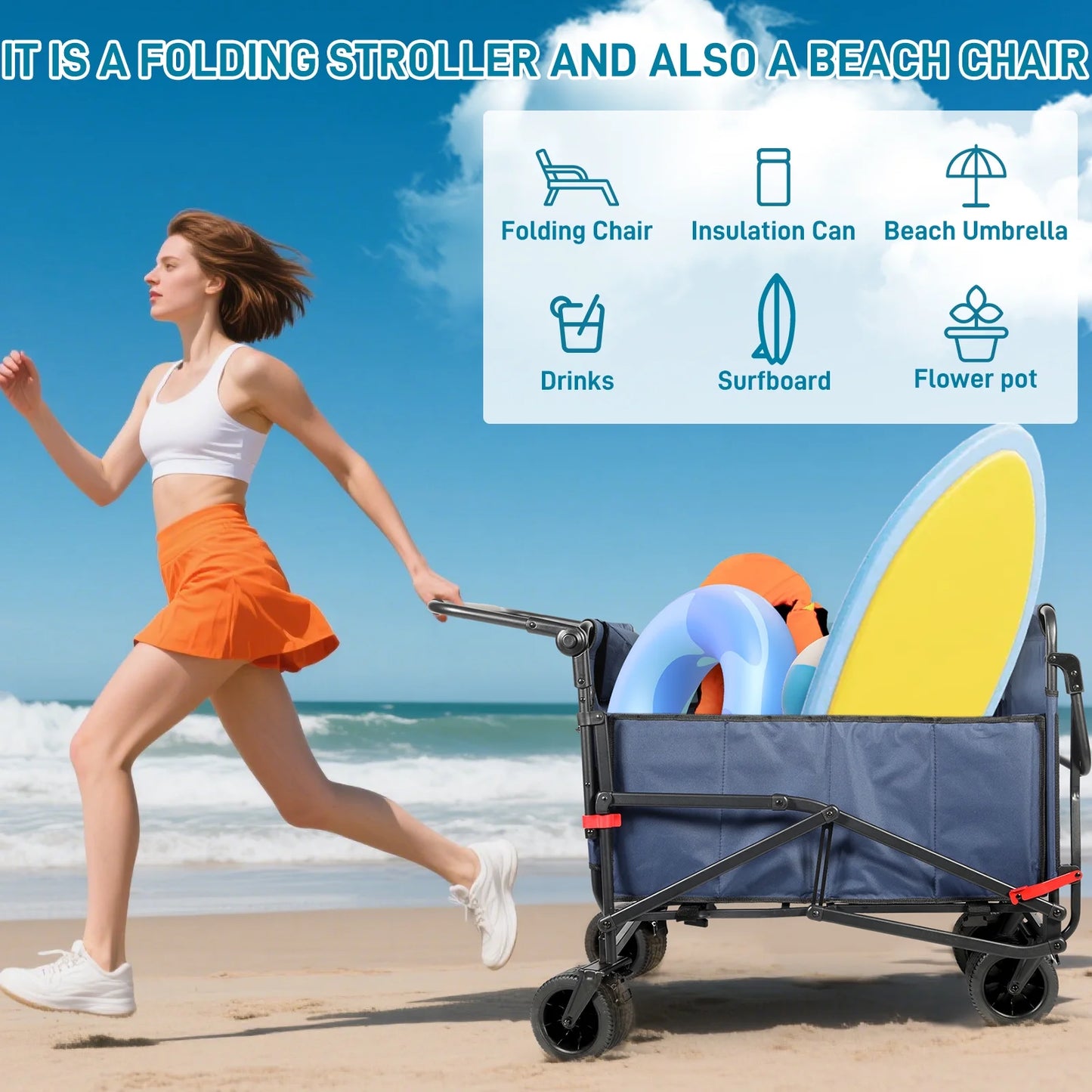 QEASET 2 in 1 Beach Cart Chairs with Wheels,4 Wheels Folding Beach Chair,Foldable Tanning Chair Beach Lounge Chair for Outdoor, Beach, Pool, Sunbathing