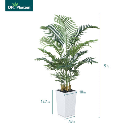 DR.Planzen UV Resistant 5ft Artificial Palm Tree with White Large Planter, Faux Palm Tree for Indoor  Outdoor decor, Faux Plant with Adjustable Leaves for Home, Office, and Garden Decor