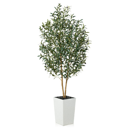 DR.Planzen 6FT Tall Artificial Olive Tree with Tall White Planter, UV Resistant Silk Leaves  Real Wood Trunk | Home Office House Outdoor Decor