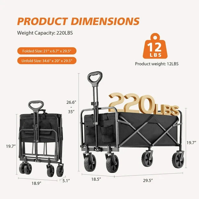 Collapsible Folding Wagon Cart, Camping & Shopping, Heavy Duty Utility Wagon with All-Terrain Wheels - Black£¨29.10*18.50*35.00inch£©
