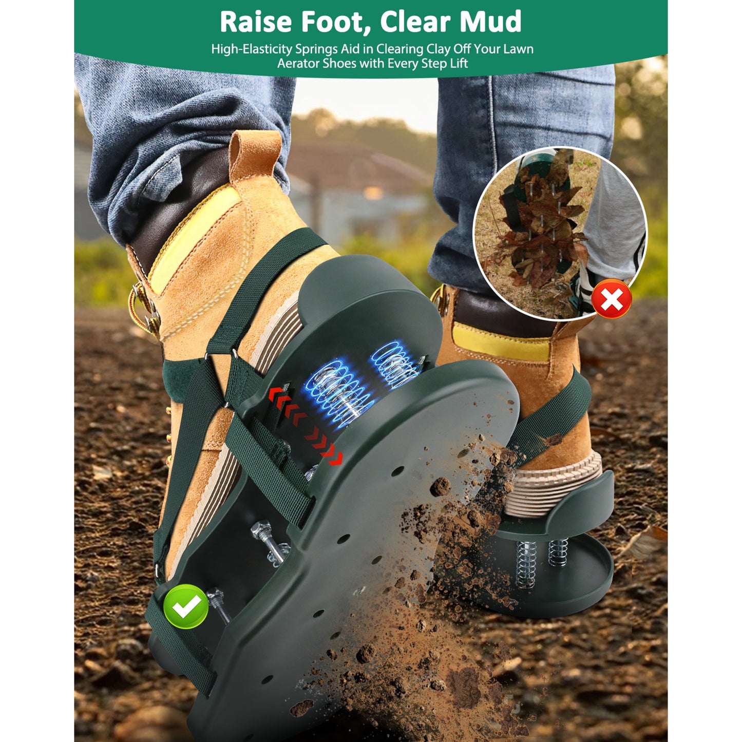 Lawn Aerator Shoes with Spring Base - Free-Installation Tool for Lawn Care - Automatic Leaf and Dirt Cleaning - Adjustable Laces - Perfect for Lawn, Yard, and Garden! (Green)