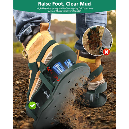 Lawn Aerator Shoes with Spring Base - Free-Installation Tool for Lawn Care - Automatic Leaf and Dirt Cleaning - Adjustable Laces - Perfect for Lawn, Yard, and Garden! (Green)