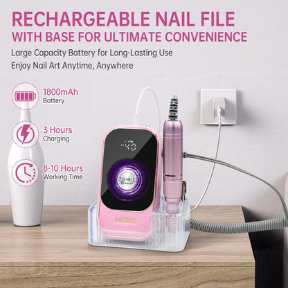 Sentryse Electric Nail Drill Machine 45000RPM Professional Rechargeable Nail File with LCD Display  Base  7 Bits, Nail Drill Kit for Manicure, Pedicure, Acrylic Nails Gel Polishing, Pink