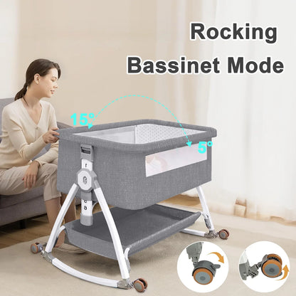 Baby Bassinet, Novashion Bedside Bassinet for Baby, 4 in 1 Portable Bedside Sleeper Rocking Crib with Wheels, Mosquito Net & Storage Basket, 6 Height Adjustable, Grey
