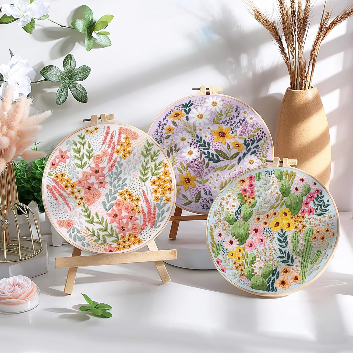 3 Pack Embroidery Kit for Beginners, Sewing Cross Stitch Starter Set with Flowers and Plants Pattern Stamped Cloth Hoops Threads and Needles, DIY Handmade Sewing Crafts