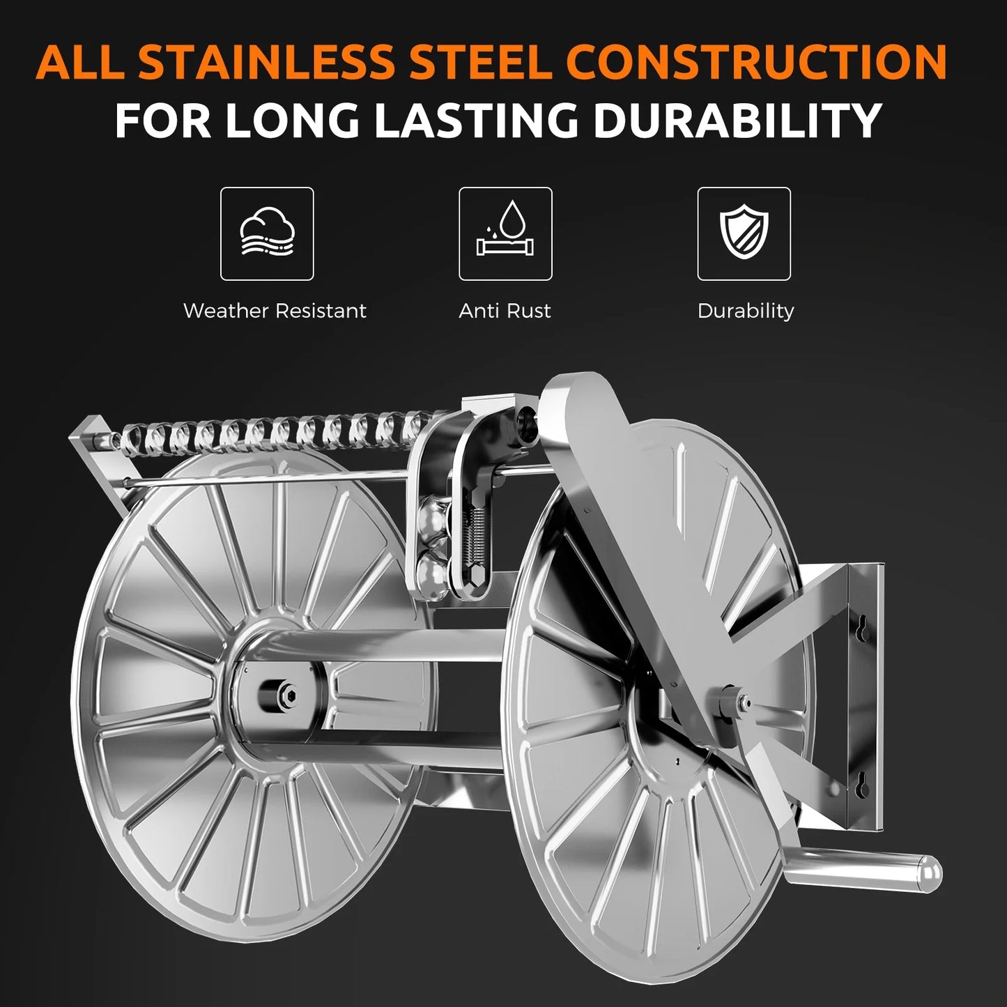 Efurden Stainless Steel Garden Hose Reel with 5ft Leader Hose, Heavy Duty and Large Capacity Metal Water Hose Reel Wall Mount with Crank Handle
