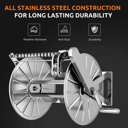 Efurden Stainless Steel Garden Hose Reel with 5ft Leader Hose, Heavy Duty and Large Capacity Metal Water Hose Reel Wall Mount with Crank Handle