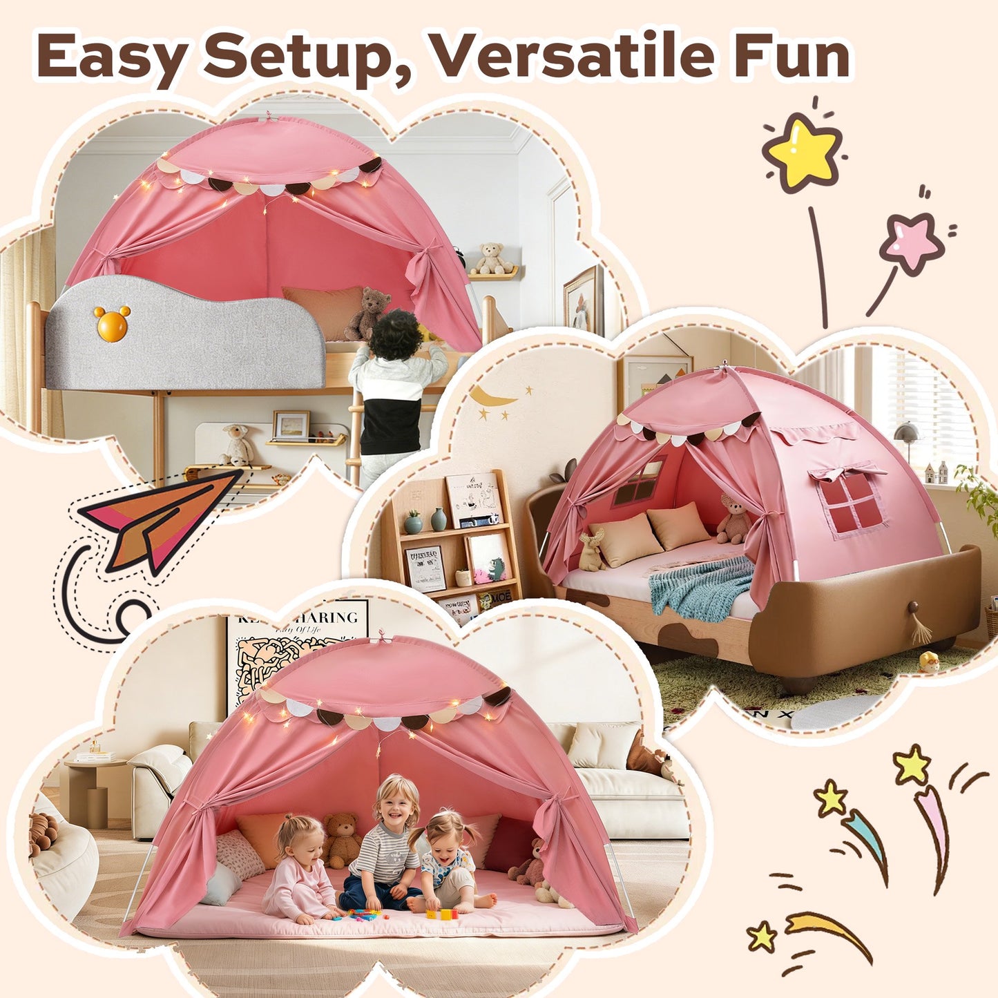 Large Kids Play Tent with Flags & Star Lights，PK