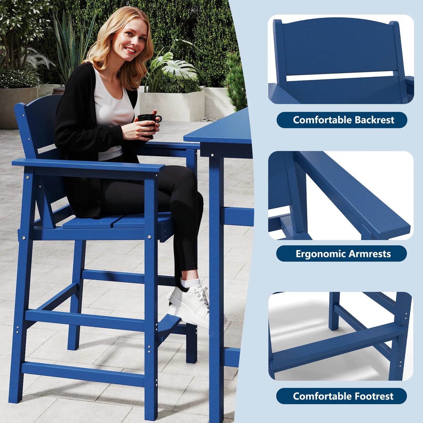 FOOWIN Outdoor Bar Table and Chairs Set, Adirondack Bar Chairs Set of 2 and Bar Height Table, All Weather HDPE Bar Height Patio Set, Navy Blue