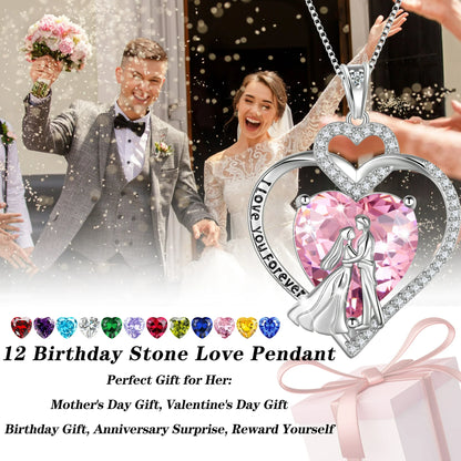 Juwaliy Couple Necklace Heart February Birthstone 925 Sterling Silver Pendant Purple Amethyst Women Jewelry Valentine's Day Gift for Wife Girlfriend