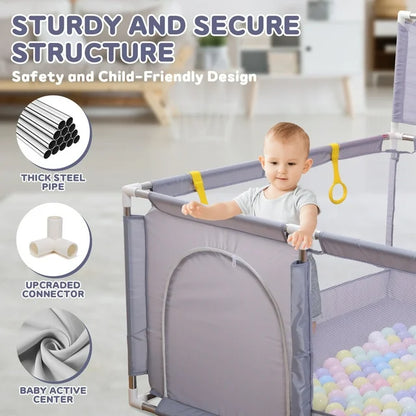 JoyStone Baby Playpen with 30 Ocean Ball, 50 x 50 inch Baby Playard, Baby Fence with Soft Breathable Mesh & Basketball Hoop, Grey