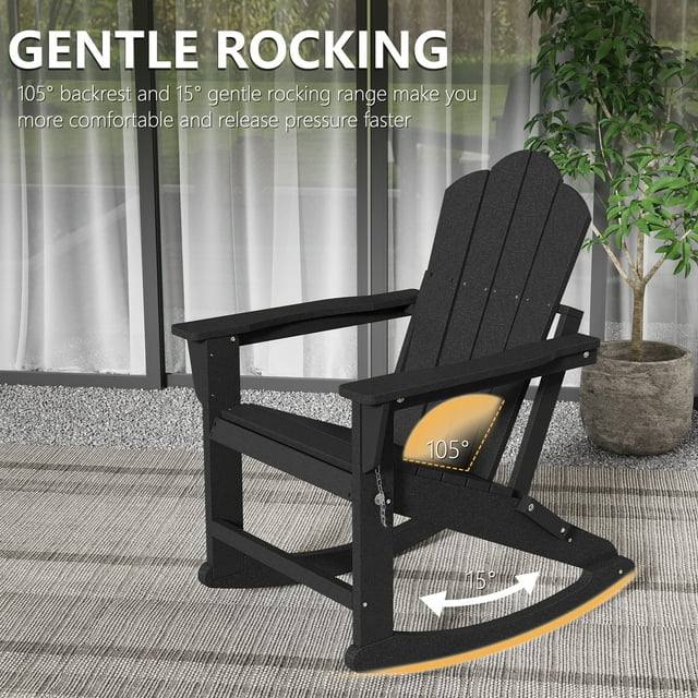FOOWIN Folding Rocking Adirondack Chair Set of 2, HDPE Plastic Rocking Chairs for Patio Porch Rocker Chair, Black
