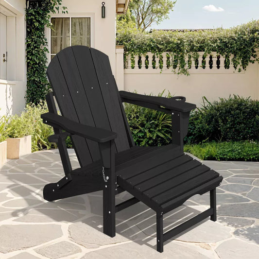 Adirondack Rocking Chair with Retractable Ottoman and Cup Holder, All Weather HDPE Folding Adirondack Chair,Fire Pit Chair for Porches, Patios