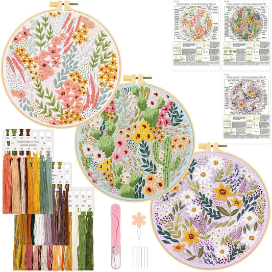 3 Pack Embroidery Kit for Beginners, Sewing Cross Stitch Starter Set with Flowers and Plants Pattern Stamped Cloth Hoops Threads and Needles, DIY Handmade Sewing Crafts