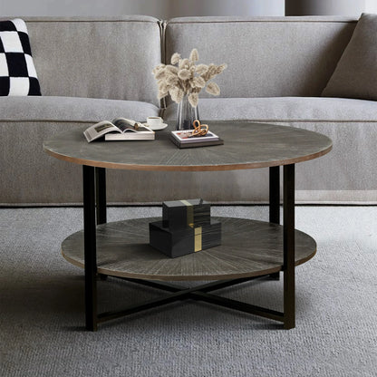 31.5 D 31.5 W  18.3 H Round Coffee Table With 2 Tier Storage, Farmhouse Living Room Cocktail Table with Black Metal Leg, Patchwork Desktop Effect Easy Assembly (Antique Brown)