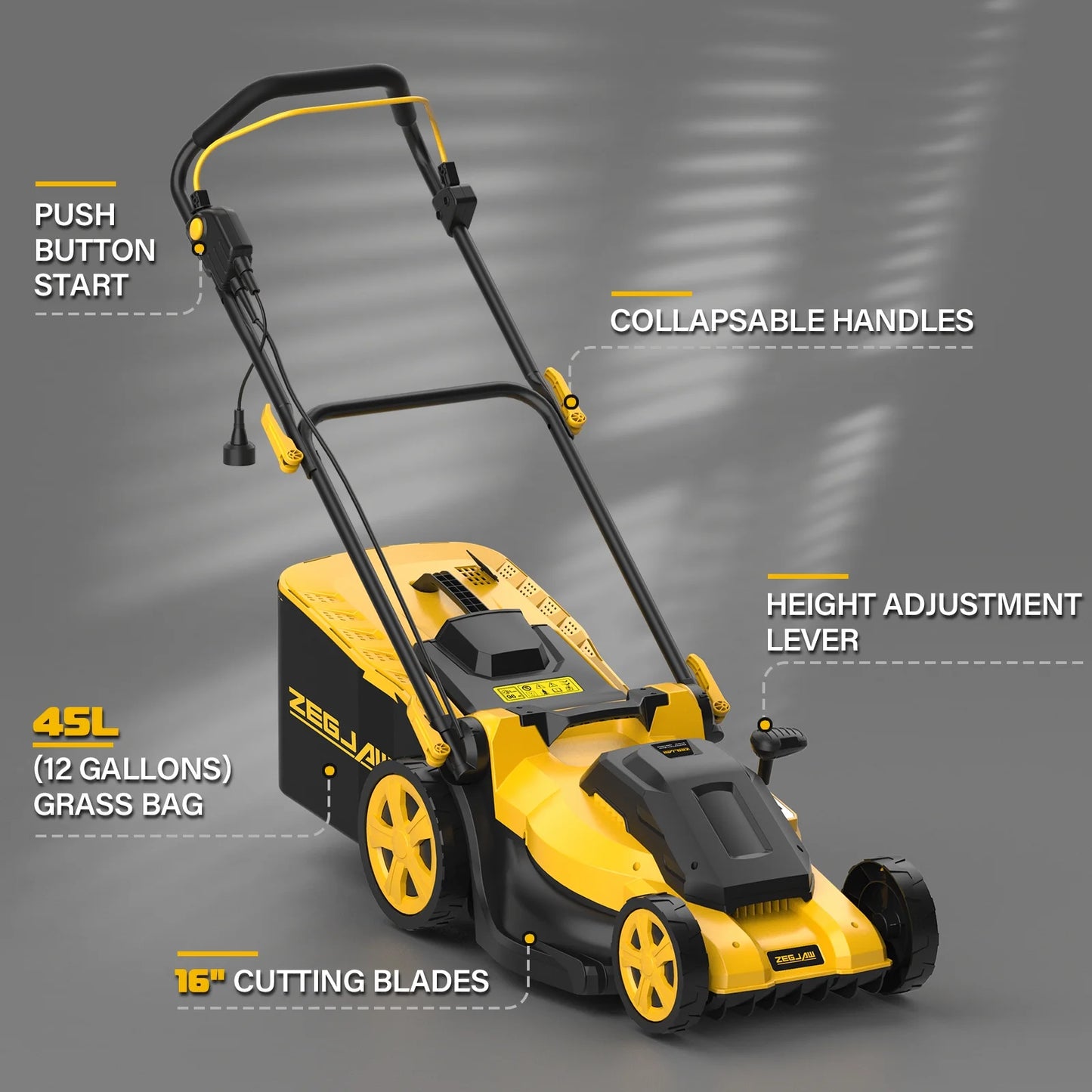 ZEGJAW 16-Inch Corded Lawn Mower, Walk Behind Electric Mower with Brushless Motor, 6-Position Height Adjustment, 12-Gallon Grass Collection Bag