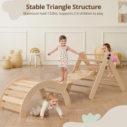 Pikler Triangle Set, RongTrading Montessori Climbing Set, Wooden Climbing Toys, with Arch, Ramp, Ladder, Tent and Cushion, Indoor Jungle Gym for Toddlers 0.5-6 Years Old