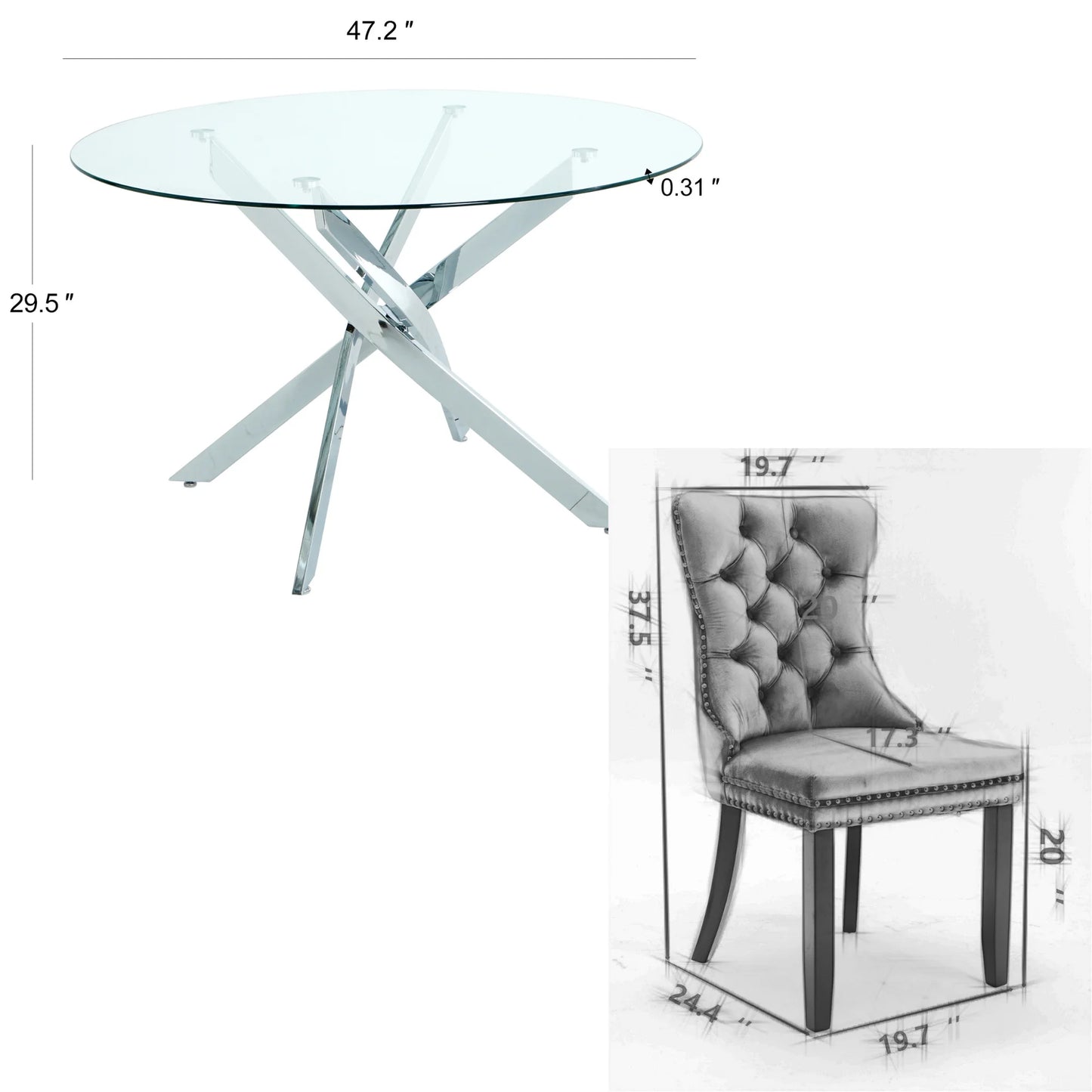 Sumdeal 47" Modern Round Glass Dining Table Room Sets for 4,Dining Table with 4 Velvet Dining Chairs,Black Table and 4 Beige Velvet with Silver Leg