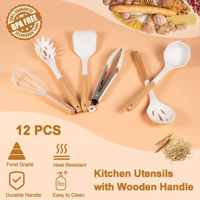 VAVSEA Silicone Cooking Utensils Set, 12Pcs Heat Resistant Kitchen Utensil Gadgets Tools Set for Nonstick Cookware, Safe BPA Free Silcone, Khaki