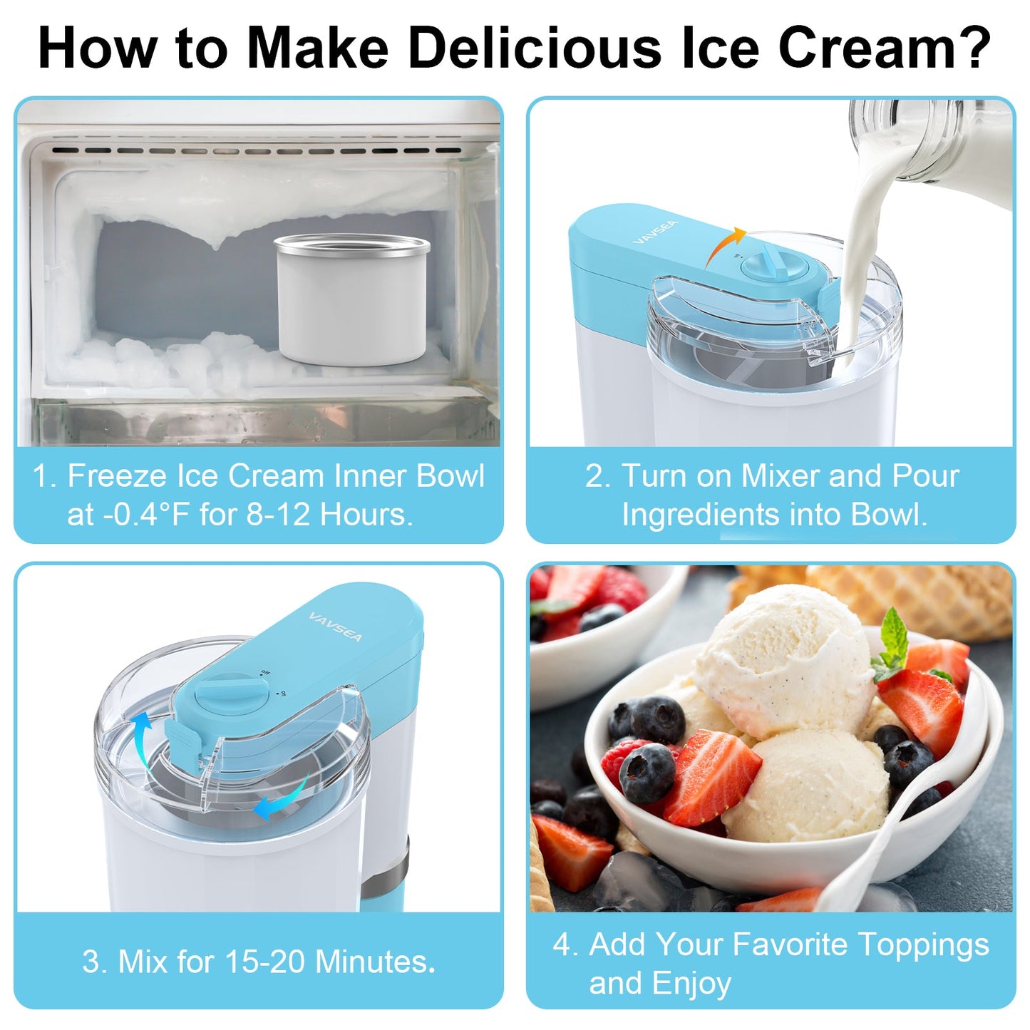 Ice Cream Maker, Frozen Yogurt Machine, for Homemade Gelato, Sorbet, Electric Soft Serve Maker, 1 Quart, Blue