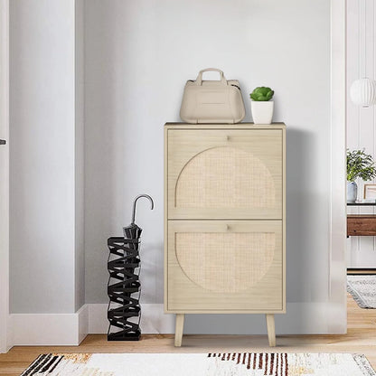 Ktaxon Shoe Storage Cabinet with 2 Flip Drawers, Natural Rattan Entryway Shoe Organizer Rack Wooden for Entryway Hallway, Bedroom, Living Room, Apartment
