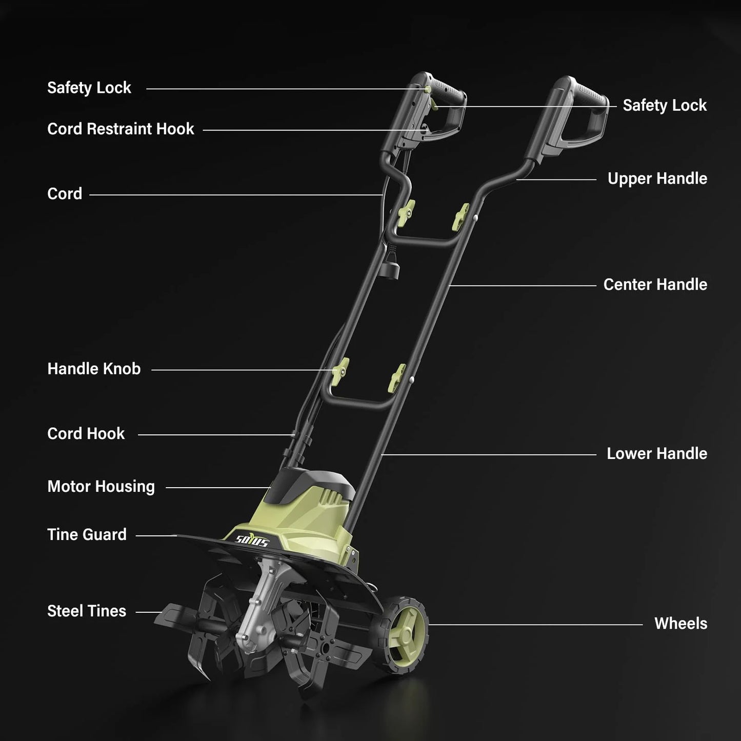 SOYUS 14 Inch Electric Tiller Cultivator 12 Amp Corded Tiller for Gardening, Garden Tiller with Folding Handle, 4 Steel Tines Wheeled Rototiller for Lawn Yard Soil Tilling