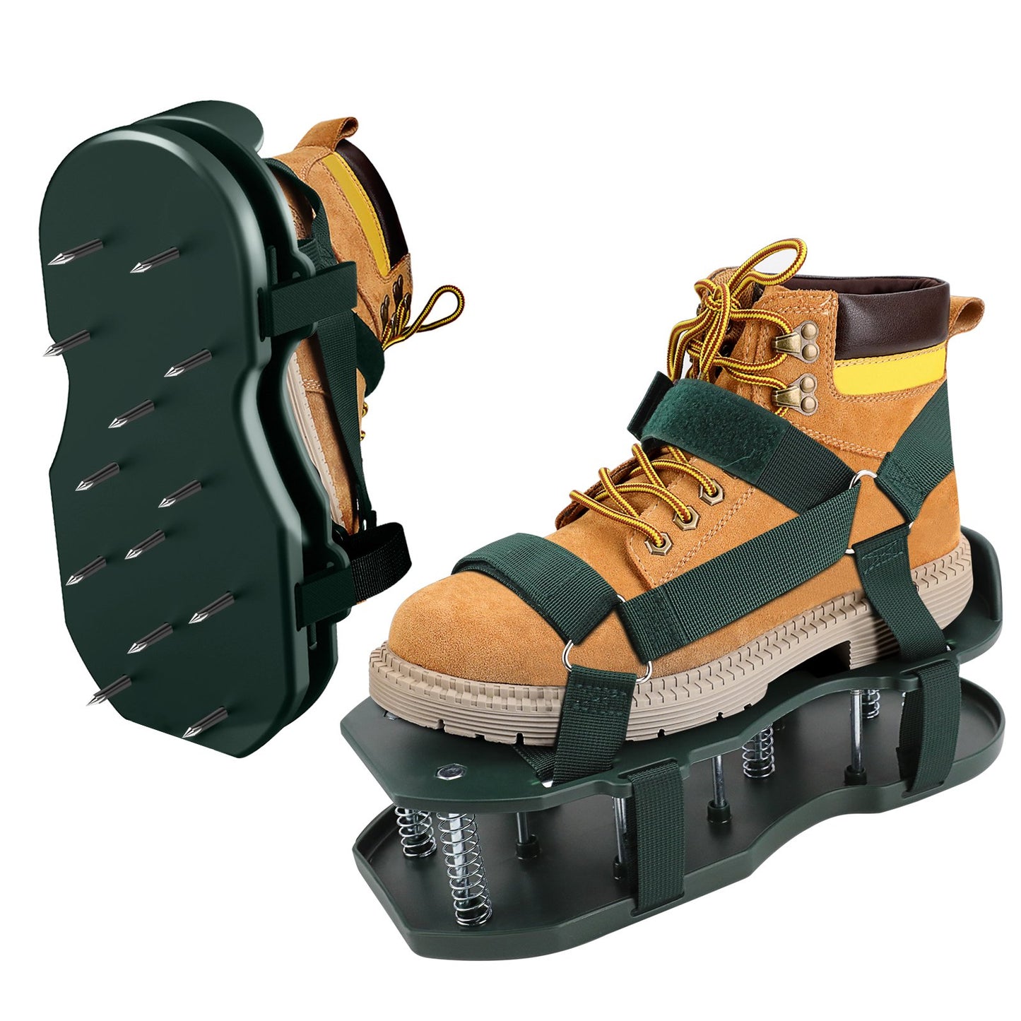 Lawn Aerator Shoes with Spring Base - Free-Installation Tool for Lawn Care - Automatic Leaf and Dirt Cleaning - Adjustable Laces - Perfect for Lawn, Yard, and Garden! (Green)