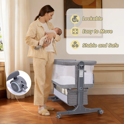Spanspace Baby Bassinet 5-in-1 Bedside Sleeper with Mosquito Net, 6-Height Adjustable, Foldable Travel Crib, Breathable 3D Wool Mattress, Gray