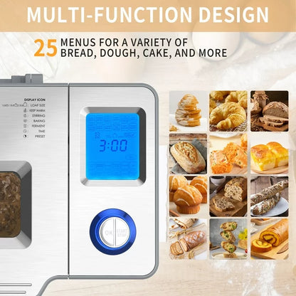 VAVSEA 25 in 1 Stainless Steel Bread Maker, 2LB Dough & Bread Maker Machine with Auto Fruit and Nut Dispenser, Reserve & Keep Warm Set