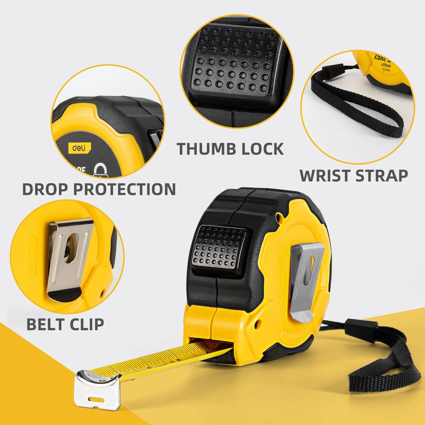Deli 25FT Auto-Lock Steel Tape Measure,Heavy-duty Rubberized Retractable Measuring Tape with Self-Locking, Easy Read Tape Measure, Rubber Protective Casing