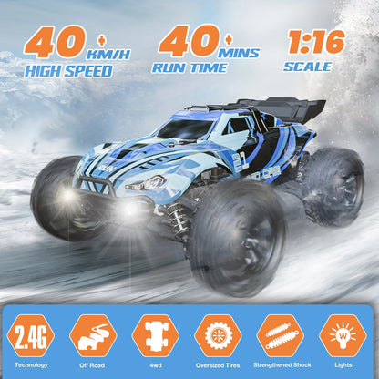 LOHEER 1:16 High Speed 4X4 Off Road Remote Control Car, Fast RC Monster Truck 40+ KM/H with 2 Batteries, All Terrain RC Truck for Adults & Kids