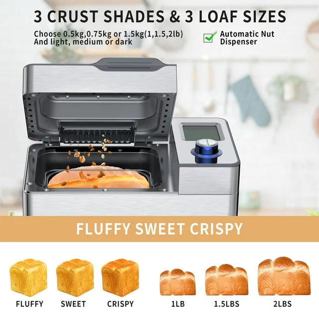 VAVSEA 25 in 1 Stainless Steel Bread Maker, 2LB Dough & Bread Maker Machine with Auto Fruit and Nut Dispenser, Reserve & Keep Warm Set