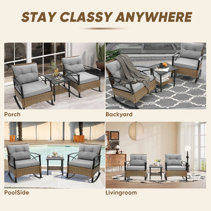 Seizeen Outdoor Patio Furniture, 3pcs Rattan Rocking Chair Set Balcony Furniture, Heavy-duty Patio Chairs with Steel Frame, Tow-Tier Coffee Table, 3’’T Cushion, Gray