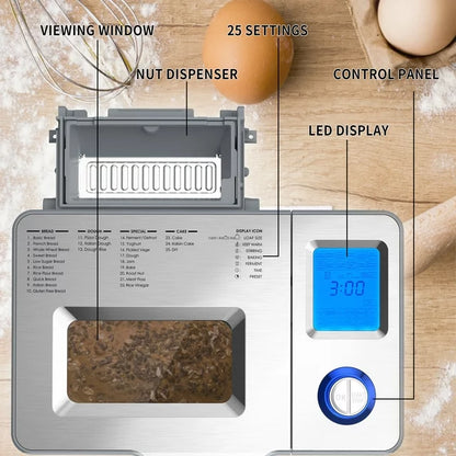 VAVSEA 25 in 1 Stainless Steel Bread Maker, 2LB Dough & Bread Maker Machine with Auto Fruit and Nut Dispenser, Reserve & Keep Warm Set