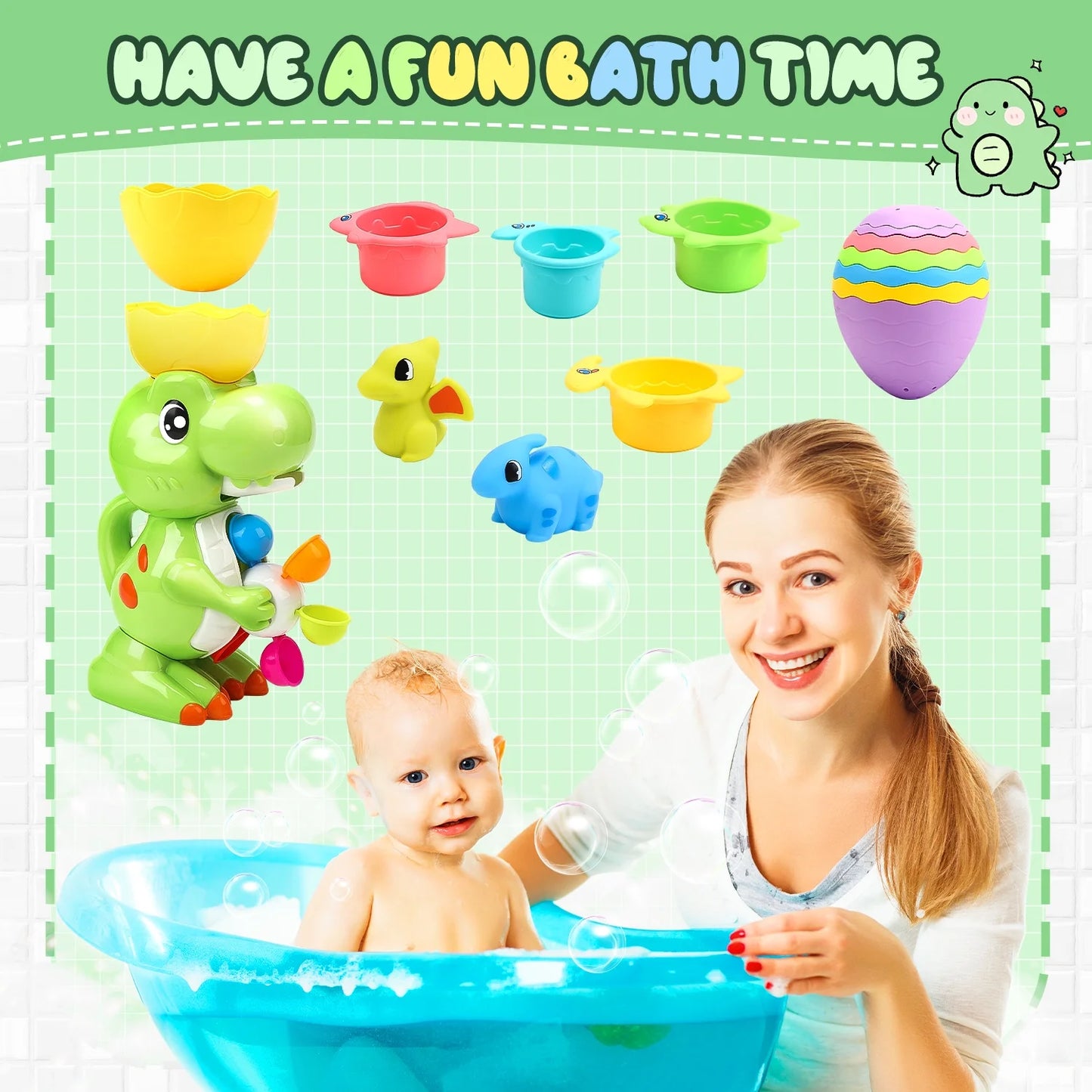 JoyStone 9 Pcs Dinosaur Bath Toy Set for Toddlers 1-3 Years, Spin Wheel & Watering Bottle