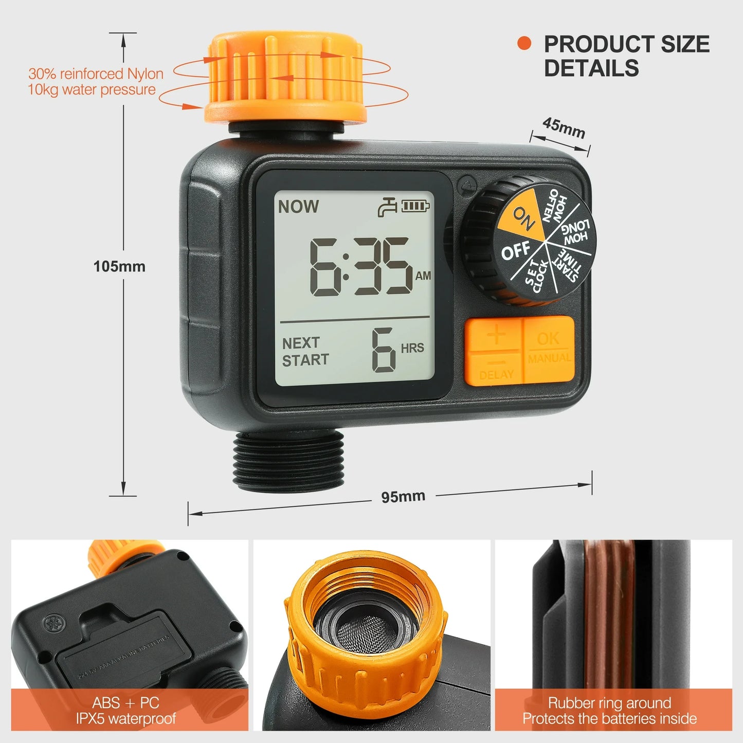Kazeila Hose Water Timer, 1 Outlet Automatic Watering Timer for Gardens, Sprinkler Timer with Rain Delay / Child Lock /IP65 Waterproof, Large LCD Screen Irrigation Systems for Garden